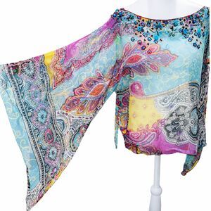 Paisley print top, colorful Vibrant blouse, Dramatic bell sleeves, sheer Beaded.